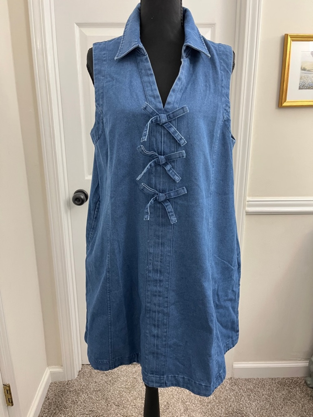 Amazon Denim Sleeveless Mini Dress in Blue with Front Tie Details